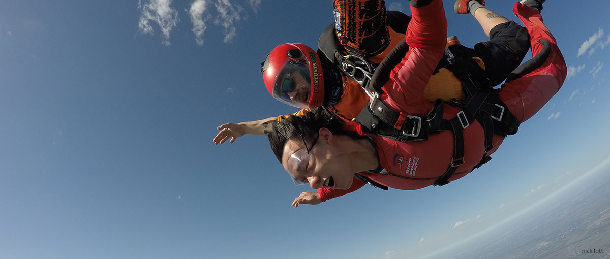 Tandem skydiver in freefall