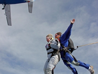 Houston mayor Annise Parker skydiving with instructor Hank Prewitt