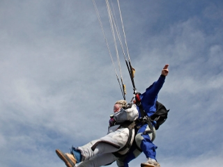 Houston mayor Annise Parker skydiving with instructor Hank Prewitt